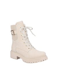 Bottines beiges à lacets avec un panneau en maille texturé, semelle en caoutchouc et détails de boucle sur le côté. Matériau en faux cuir avec une finition lisse.