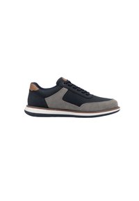 Men's sneaker featuring a navy fabric upper with gray suede accents and a brown leather heel. White midsole and textured black outsole.