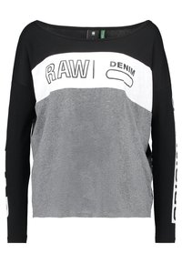 Svart långärmad t-shirt med en grå och vit panel. Har texten "RAW" och "DENIM" i fet stil, med ett mjukt och texturerat tyg.