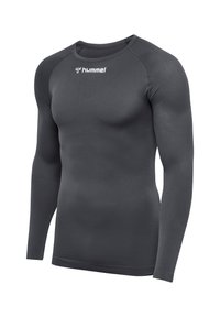Sportshirt met lange mouwen in donkergrijs, gemaakt van gladde, rekbare stof. Kenmerkt zich door een ronde halslijn en een opvallend wit logo op de borst.
