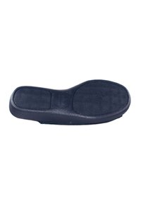 Plantilla negra con superficie texturizada y diseño ergonómico, que presenta una forma redondeada y un área del talón ligeramente elevada para mayor comodidad.
