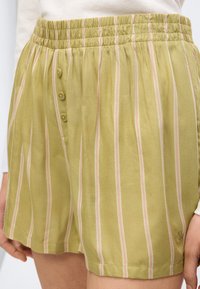Πράσινα ριγέ σορτς με ελαστική μέση, λεπτομέρειες με κουμπιά μπροστά και διακριτή υφή. Διαθέτει ανοιχτό ροζ κάθετες ρίγες.