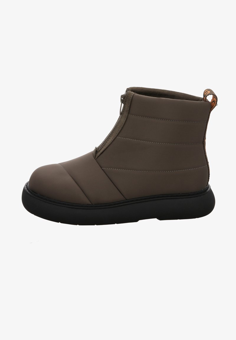 Brown waterproof ankle boot with padded upper, seam detailing, black outsole, and a side zipper for easy wear. Accent loop on the heel.