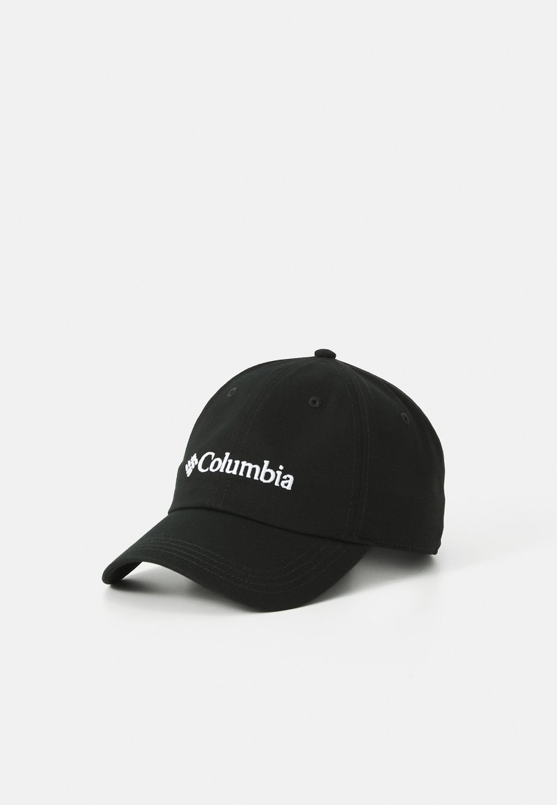 Casquette de baseball noire en tissu. Elle présente une visière courbée, six panneaux et un logo "Columbia" brodé en blanc à l'avant.