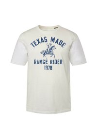 T-shirt en coton beige clair avec un imprimé graphique bleu d'un cow-boy sur un cheval, avec le texte « TEXAS MADE RANGE RIDER 1978 ». Manches courtes.