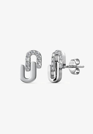 Zilveren oorbellen in de vorm van paperclips, versierd met heldere kristallen aan één kant, met een glanzende afwerking en een stud-achterkant.