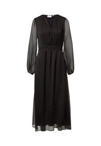 Schwarzes Langarmkleid mit V-Ausschnitt und elastischem Bund, ausgestattet mit transparenten, strukturierten Ärmeln und einer fließenden Silhouette.