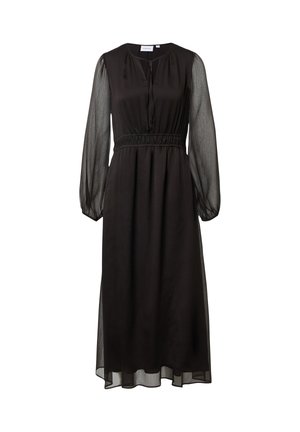 Czarna sukienka z długim rękawem i dekoltem w serek, z elastyczną talią, z przezroczystymi, teksturowanymi rękawami oraz zwiewną sylwetką.