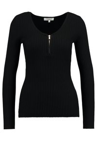 Black ribbed long-sleeve top featuring a scoop neckline and gold zipper detail at the front. Soft texture, fitted design, and stretchy fabric.