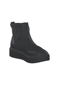 Schwarze Knöchelstiefel mit Reißverschluss vorne, robuster strukturierter Sohle und einem Obermaterial aus glattem und gemischtem Stoff.