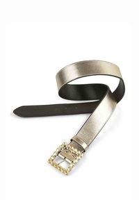 Cinturón metálico plateado con un lado negro, que presenta una hebilla cuadrada adornada con brillantes transparentes. Textura suave, longitud ajustable.