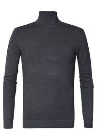 Tmavě šedý rolák vyrobený z hladkého pleteného materiálu. Má dlouhé rukávy, vysoký límec a žebrovaný lem a manžety. Jednoduchý design.