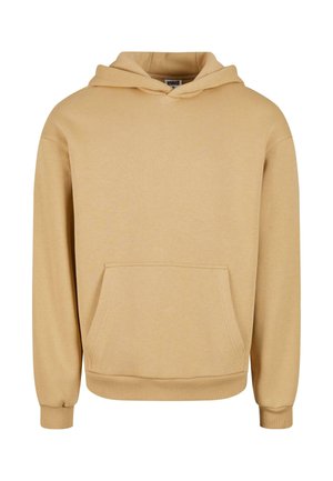 Beige hætte sweatshirt lavet af blødt stof, med en kængurulomme, ribbede manchetter og en afslappet pasform.