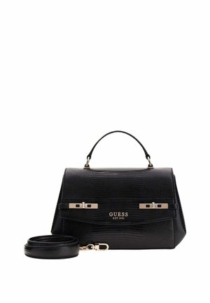 Sac à main Guess en cuir texturé noir avec poignée supérieure, ferrures argentées, logo sur le devant, et bandoulière détachable enroulée à côté.