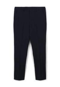 Pantaloni su misura blu navy con una texture di tessuto liscia, fronte piatto, due tasche laterali e design a gamba dritta.