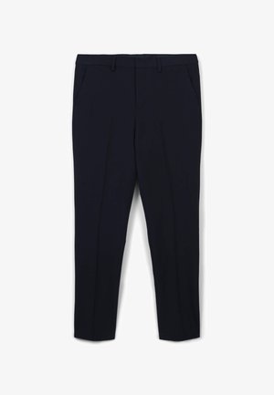 Pantalons tailleur bleu marine avec une texture de tissu lisse, devant plat, deux poches latérales et une coupe droite.