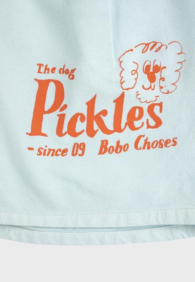 Texte orange et visage de chien dessin animé sur tissu bleu clair avec l'inscription "Le chien Pickles - depuis 09 Bobo Choses."