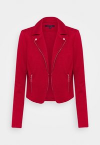 Veste rouge à fermeture éclair avec col cranté, manches longues et poches zippées sur les côtés. Confectionnée dans un matériau lisse, elle présente des accents de fermeture éclair argentés.