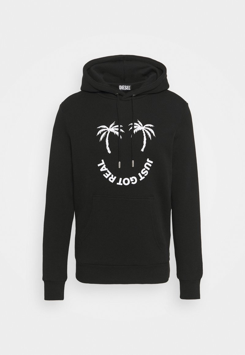 Black hooded sweatshirt made of cotton, featuring a front kangaroo pocket, white palm tree graphic, and circular text saying "JUST GOT REAL."