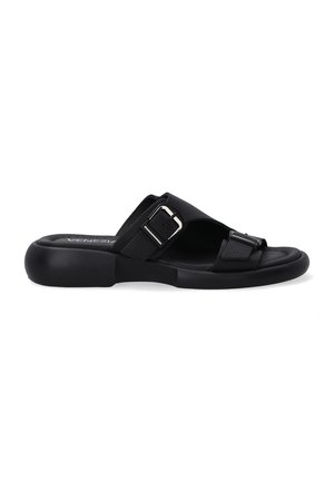 Black slide sandals with a textured upper, featuring a wide strap and adjustable buckle. The sole is smooth and slightly rounded.