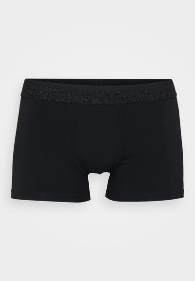 Black men's boxer briefs with a wide elastic waistband featuring subtle textured branding, displayed on a plain light background.