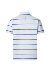 Polo blanc à manches courtes avec des rayures horizontales bleues et un col, présenté de dos sur un fond blanc.