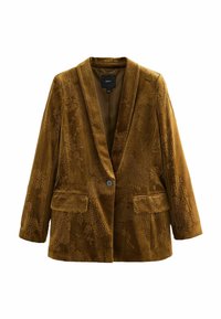 Hnědý sametový blazer s květinovou výšivkou, klopovými límci, dvěma předními kapsami a zapínáním na jeden knoflík. Měkká textura s pevnou siluetou.