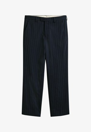 Dunkel marineblaue formelle Nadelstreifenhose mit Gürtelschlaufen, Seitentaschen und geradem Bein.