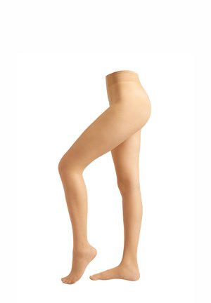  medias de nailon color beige con textura suave, diseño de cintura alta y sin patrones visibles, mostradas en una pierna parcial.