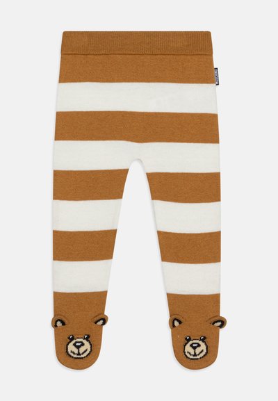 Leggings a righe marroni e bianche con una morbida texture, dotati di dettagli a forma di faccina d'orso sulle punte dei piedi e di una vita a coste.