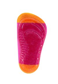 Chaussette rose avec un orteil orange. Présente un motif de grip texturé sur la semelle et un design dégradé passant du orange au rose.