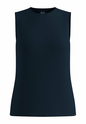 Sleeveless, dark navy blue crew neck tank top with a small black brand tag on the lower hem.
