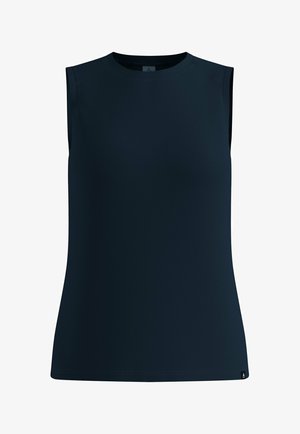 Sleeveless, dark navy blue crew neck tank top with a small black brand tag on the lower hem.