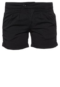 Shorts en coton noir avec fermeture à bouton, devant plissé, ourlet roulé et poches latérales. Texture lisse et design décontracté.