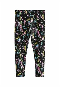 Schwarze Leggings mit einem bunten Farbklecks-Muster in Pink, Blau, Grün und Gelb, hergestellt aus dehnbarem Stoff für Komfort und Passform.