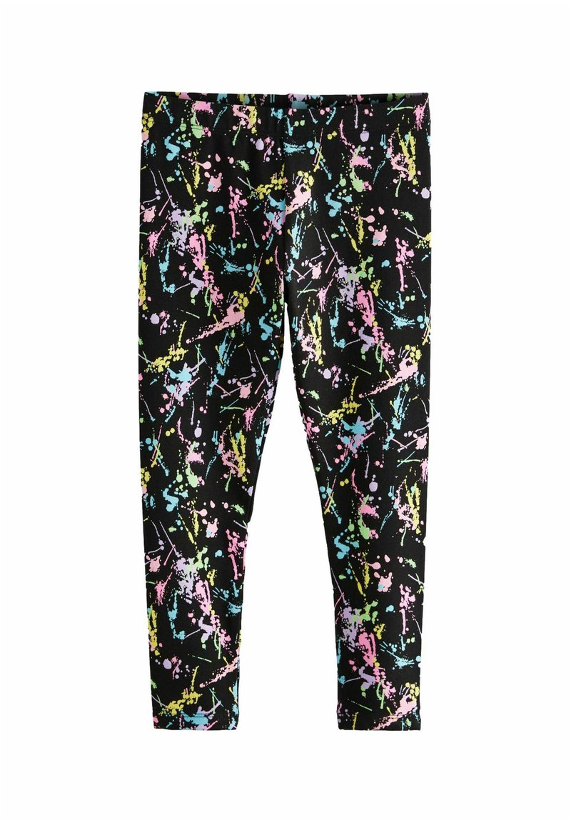 Schwarze Leggings mit einem bunten Farbklecks-Muster in Pink, Blau, Grün und Gelb, hergestellt aus dehnbarem Stoff für Komfort und Passform.