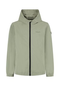  Lichtgroen lichtgewicht jack met capuchon, elastische manchetten en voorrits. Bevat een logo op de borst en twee zijzakken.