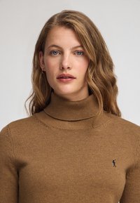 Brauner Rollkragenpullover aus geripptem Strickstoff, mit kleinem gesticktem Logo auf der Brust. Sanfte Textur mit figurbetontem Design.