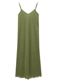 Bezramionowa, oliwkowozielona długa sukienka z cienkimi podwójnymi ramiączkami i subtelnym, teksturowanym materiałem, z falbaniastym dołem.
