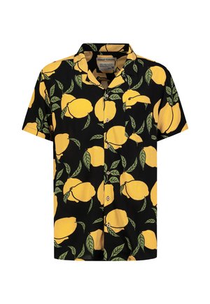 Short-sleeve shirt made of black fabric featuring a lemon and leaf pattern in yellow and green, with a collar and button front.