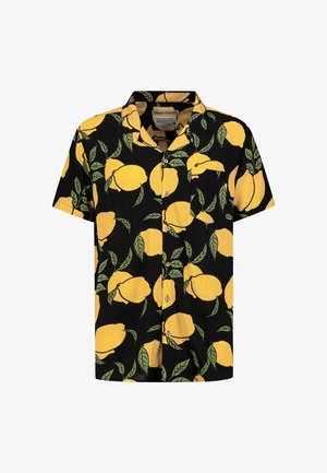 Kurzärmliges Hemd aus schwarzem Stoff mit einem Muster aus Zitronen und Blättern in Gelb und Grün, mit Kragen und Knopfleiste.
