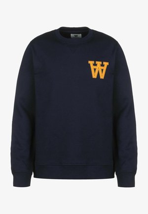 Marineblauwe sweater met ronde hals en lange mouwen met een klein geel verweven "W"-logo op de linkerborst.