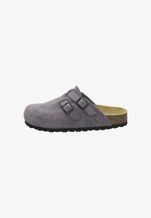 Grey suede slip-on clog with two adjustable buckle straps, cork footbed, and black rubber sole, shown from the side.