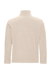 Beige fleece jack met lange mouwen en een hoge kraag, gezien van achteren, met een effen, zachte textuur en een rechte zoom.