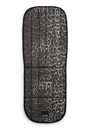 Rivestimento imbottito per passeggino con motivo maculato nero e grigio e molteplici fessure per cinture di sicurezza, etichettato "Elodie" nella parte inferiore.