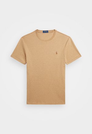 Short-sleeve, crew-neck T-shirt in light beige cotton, featuring a small embroidered polo player logo on the left chest.