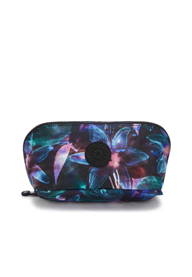Borsa cosmetica nera con un vivace motivo floreale blu e viola, tessuto testurizzato e un logo circolare applicato sul davanti.