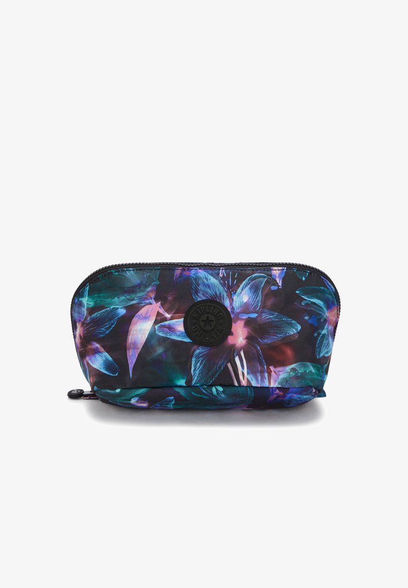 Borsa cosmetica nera con un vivace motivo floreale blu e viola, tessuto testurizzato e un logo circolare applicato sul davanti.