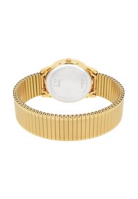 Gouden roestvrijstalen horloge met een slanke, flexibele band en een ronde kast, met een gladde, gepolijste afwerking en minimale hardwaredetails.