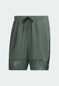 Gröna sportshorts med svart dragsko och sidosträck, med en mörkare grön mönstrad panel längst ner.